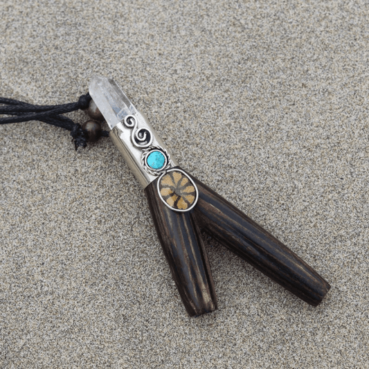 Chonta Wood Necklace Kuripe | Decorated with Amazon Wood, Peruvian Turquoise and Clear Quartz | From the Amazon - Cosmos Healing