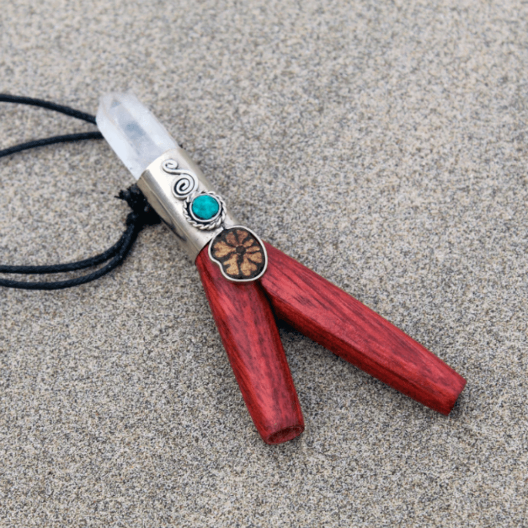 Palo Sangre Necklace Kuripe | Decorated with Amazon Rainforest Wood, Peruvian Turquoise and Clear Quartz | From the Amazon - Cosmos Healing