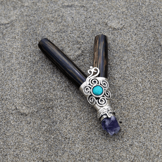 Chonta Wood Kuripe | Decorated with Peruvian Turquoise and Amethyst | From the Amazon - Cosmos Healing