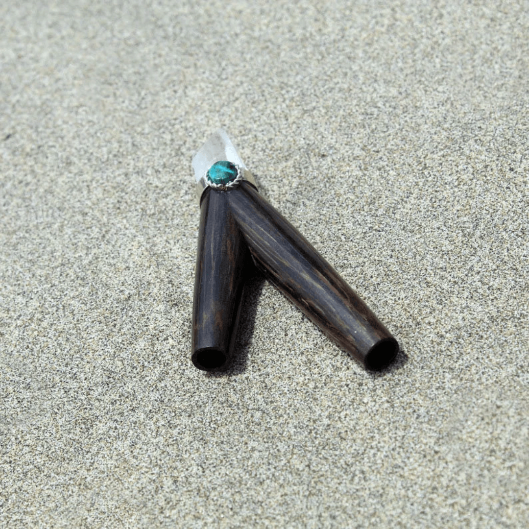 Chonta Wood Kuripe | Decorated with Amazon Wood, Peruvian Turquoise Stone and Clear Quartz | From the Amazon - Cosmos Healing