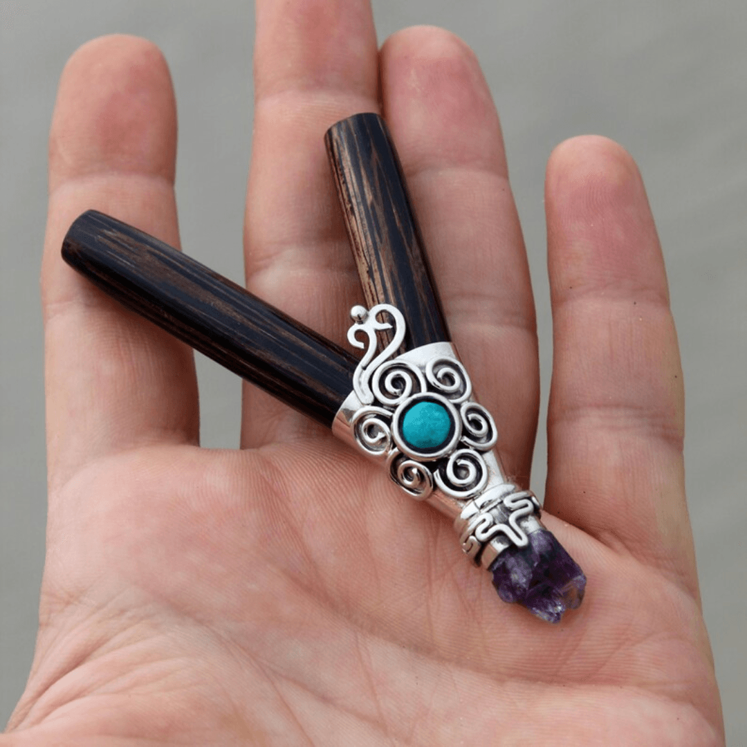 Chonta Wood Kuripe | Decorated with Peruvian Turquoise and Amethyst | From the Amazon - Cosmos Healing