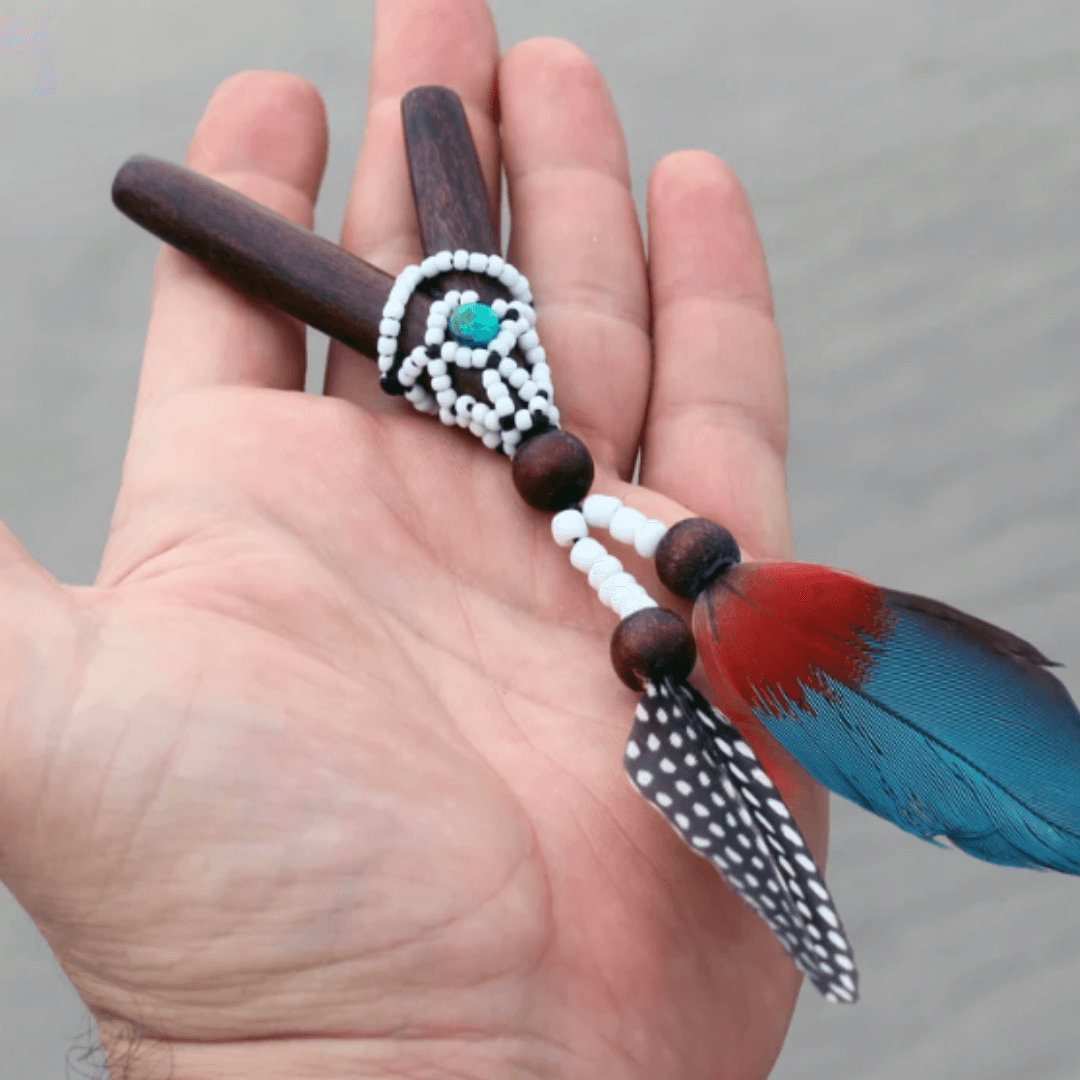 Madera Negra Kuripe | Decorated with Shipibo Beads and Parrot Feather | From the Amazon - Cosmos Healing