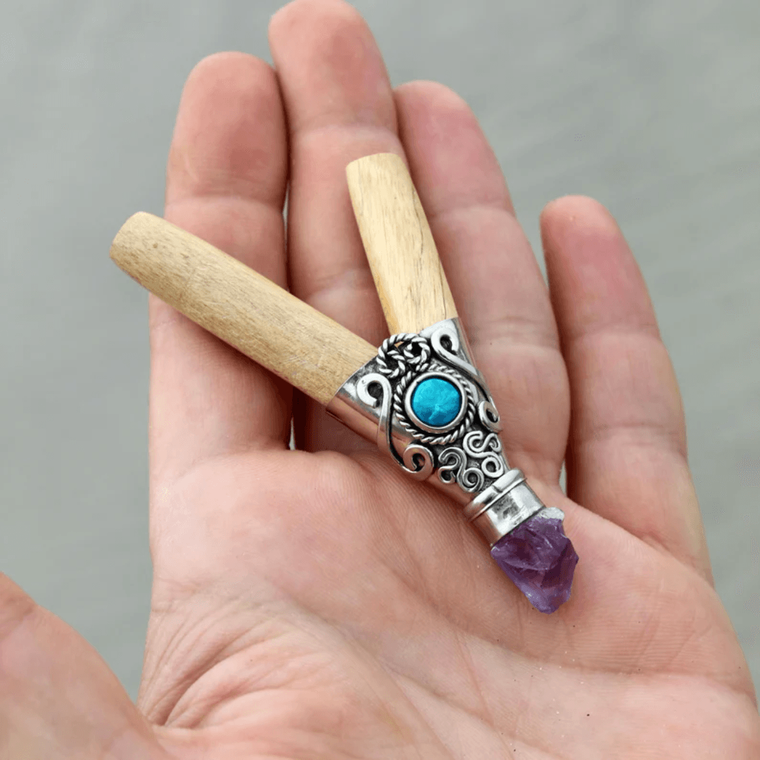 Capirona Kuripe | Decorated with Peruvian Turquoise and Amethyst | From the Amazon - Cosmos Healing