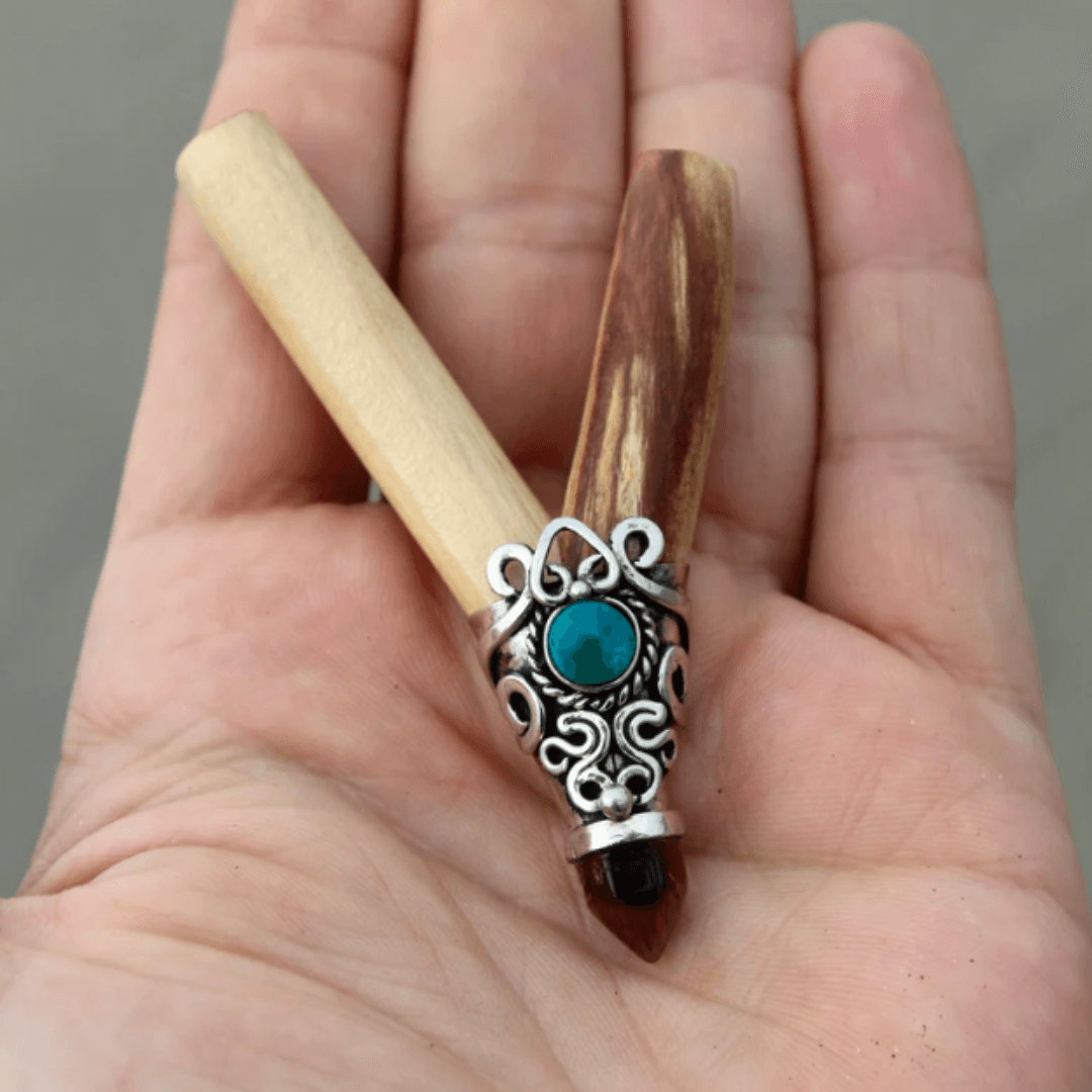 Palo Santo Kuripe | Decorated with Tiger's Eye and Peruvian Turquoise | From the Amazon - Cosmos Healing